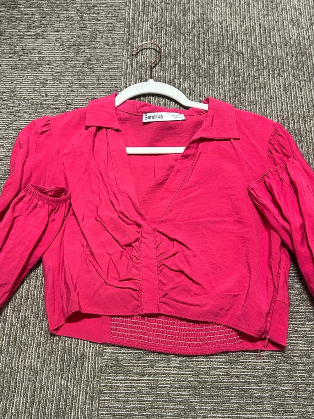 Bershka Hot Pink Ruched V-Neck Cropped Blouse